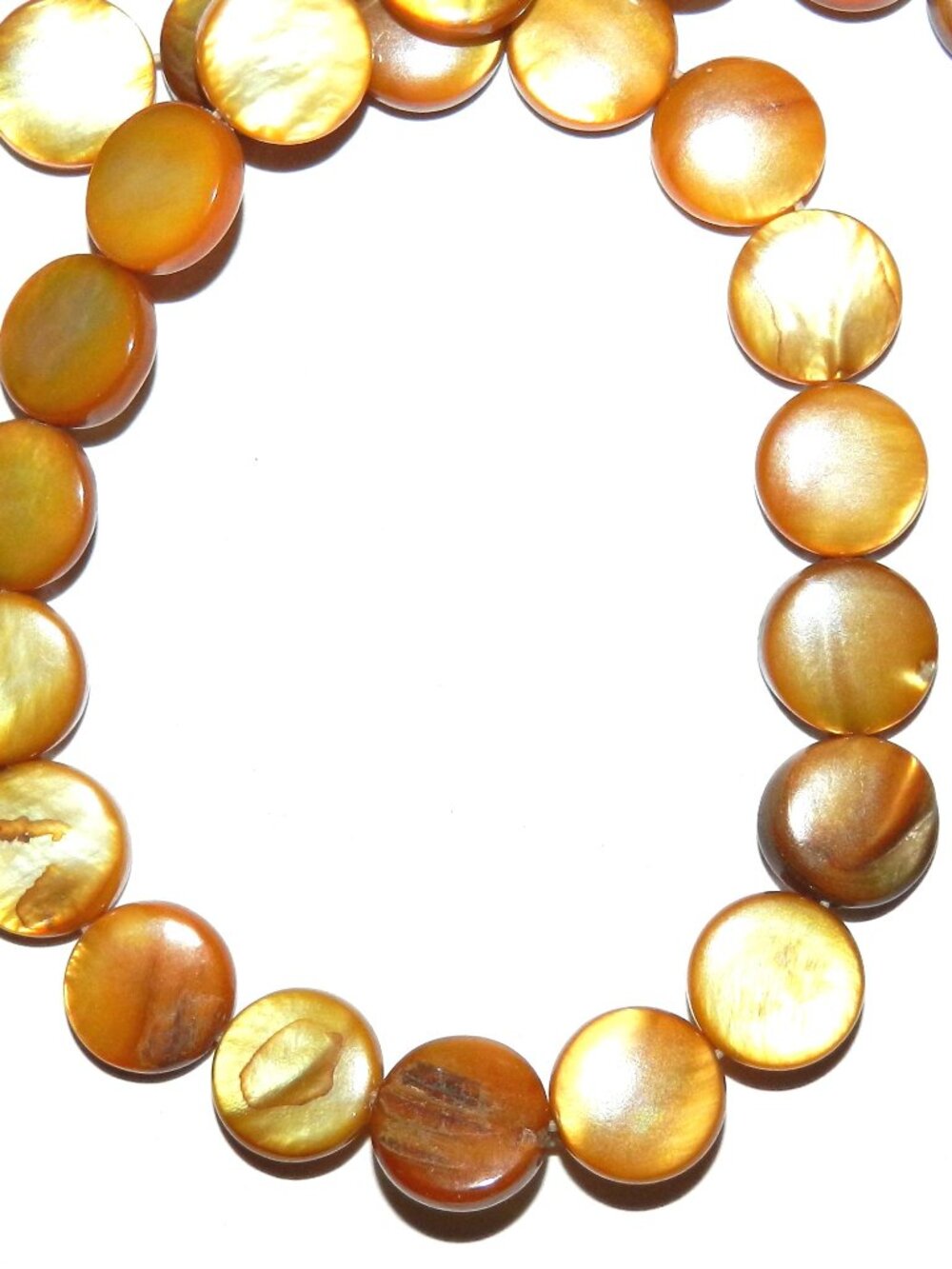 MP2024 Golden Brown 10mm Flat Puffed Round Coin Mother of Pearl Shell Beads 16" - Picture 2 of 2